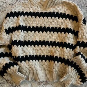Cropped Chunky Black and Cream Striped Women's Mock Turtleneck Sweater